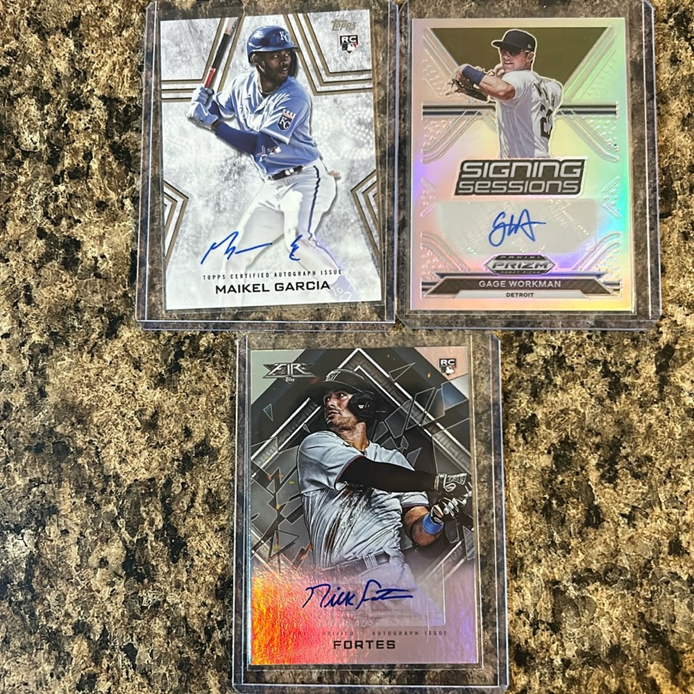 Markel Garcia (topps)Nick Fortes(topps) Gage Workman (prizm) autographed cards.